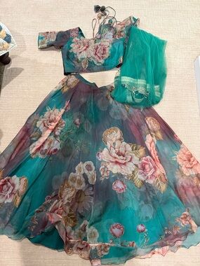 Teal Floral Lehenga Choli Set with Net Dupatta